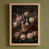 うさぎ（ハーレクイン）の花に囲まれた油絵風アート A4額装インテリア壁掛け