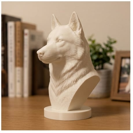 犬（シベリアンハスキー）の3Dプリント胸像 白PLA 彫刻 置物 インテリア