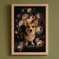 犬（コーギー）の花に囲まれた油絵風アート A4額装インテリア壁掛け
