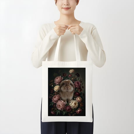 うさぎ（アメリカンファジーロップ）トートバッグ 花の油絵風アート キャンバス地