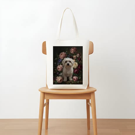 犬（マルチーズ）トートバッグ 花の油絵風アート キャンバス地