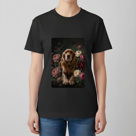 犬（コッカースパニエル）半袖Tシャツ 花の油絵風アート ブラック 男女兼用