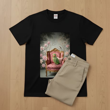 ワカケホンセイインコ半袖Tシャツ ロココ調シャビーピンク ブラック 男女兼用