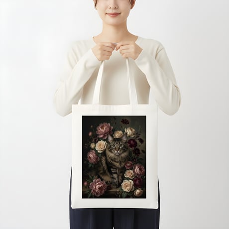 猫（メインクーン）トートバッグ 花の油絵風アート キャンバス地