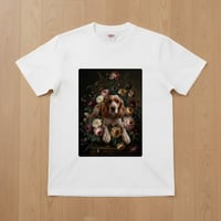犬（コッカースパニエル）半袖Tシャツ 花の油絵風アート ホワイト 男女兼用