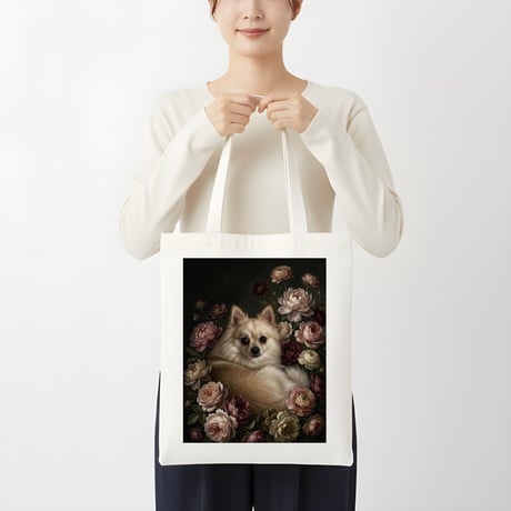 犬（ポメラニアン）トートバッグ 花の油絵風アート キャンバス地