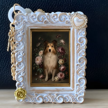 犬（シェットランドシープドッグ）バッグチャーム 花の油絵風アート ホワイト額縁