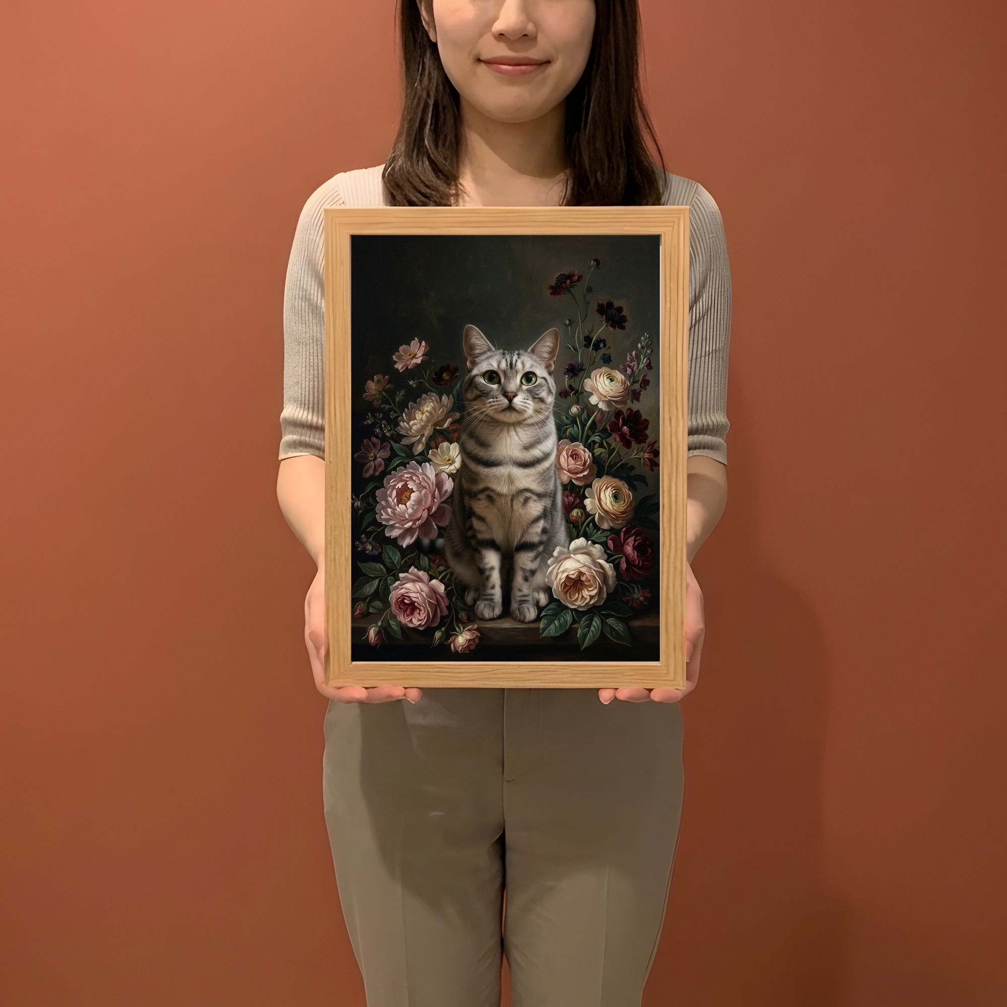 猫（アメリカンショートヘア）の花に囲まれた油絵風アート A4額装