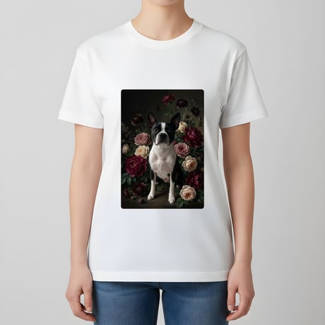 犬（ボストンテリア）半袖Tシャツ 花の油絵風アート ホワイト 男女兼用