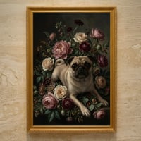 犬（パグ）の花に囲まれた油絵風アート A3額装インテリア壁掛け