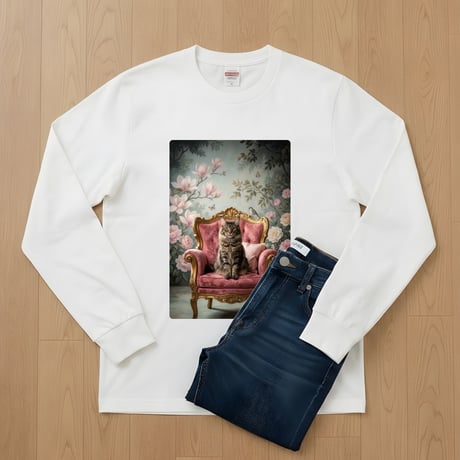 猫（メインクーン）長袖Tシャツ ロココ調シャビーピンク ホワイト 男女兼用