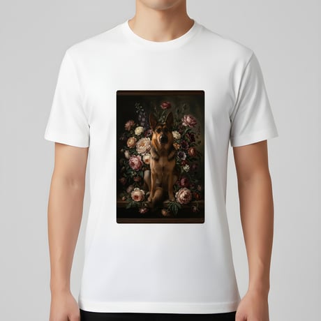 犬（ジャーマンシェパード）半袖Tシャツ 花の油絵風アート ホワイト 男女兼用