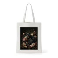 犬（ドーベルマン）トートバッグ 花の油絵風アート キャンバス地