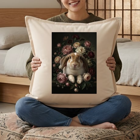 うさぎ（フレンチロップ）クッション 45cm 花の油絵風カラーアート