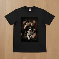 犬（ボーダーコリー）半袖Tシャツ 花の油絵風アート ブラック 男女兼用