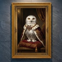 シロフクロウのルネサンス風肖像画 油絵風アートA4金縁額装インテリア壁掛け