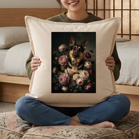 犬（ジャーマンシェパード）クッション 45cm 花の油絵風カラーアート