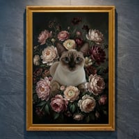 猫（シャム猫）の花に囲まれた油絵風アート A4金縁額装インテリア壁掛け