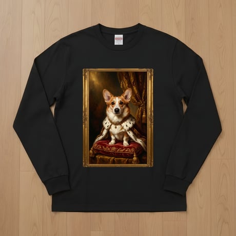 犬（コーギー）長袖Tシャツ ルネサンス風カラーアート ブラック 男女兼用
