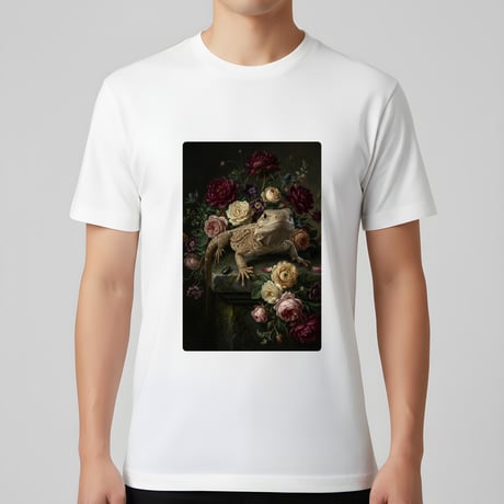 イグアナ（サバクイグアナ）半袖Tシャツ 花の油絵風アート ホワイト 男女兼用