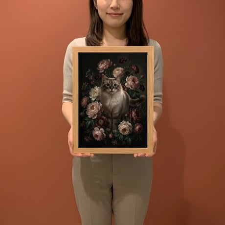 猫（ラグドール）の花に囲まれた油絵風アート A4額装インテリア壁掛け