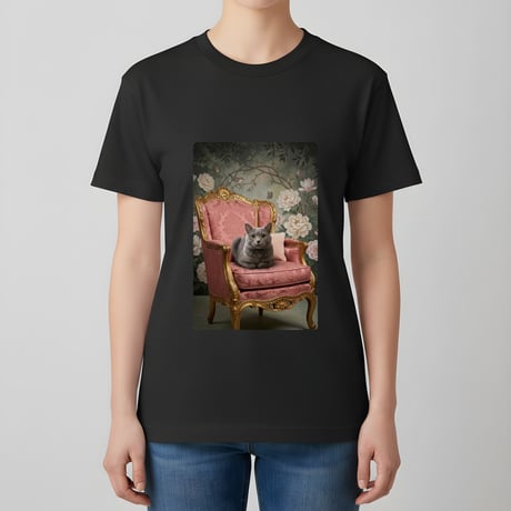 ブリティッシュショートヘア半袖Tシャツ ロココ調アート ブラック 男女兼用
