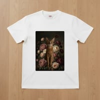 猫（アビシニアン）半袖Tシャツ 花の油絵風アート ホワイト 男女兼用