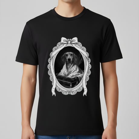 ミニチュアダックスフンド半袖Tシャツ ルネサンス風モノクロ ブラック 男女兼用