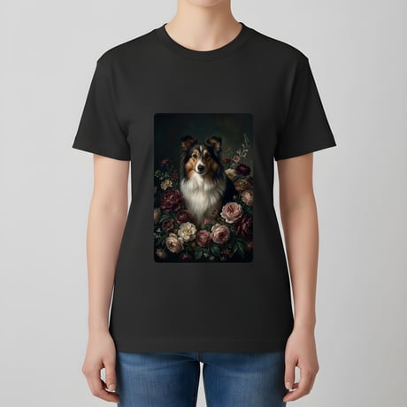 シェットランドシープドッグ半袖Tシャツ 花の油絵風アート ブラック 男女兼用