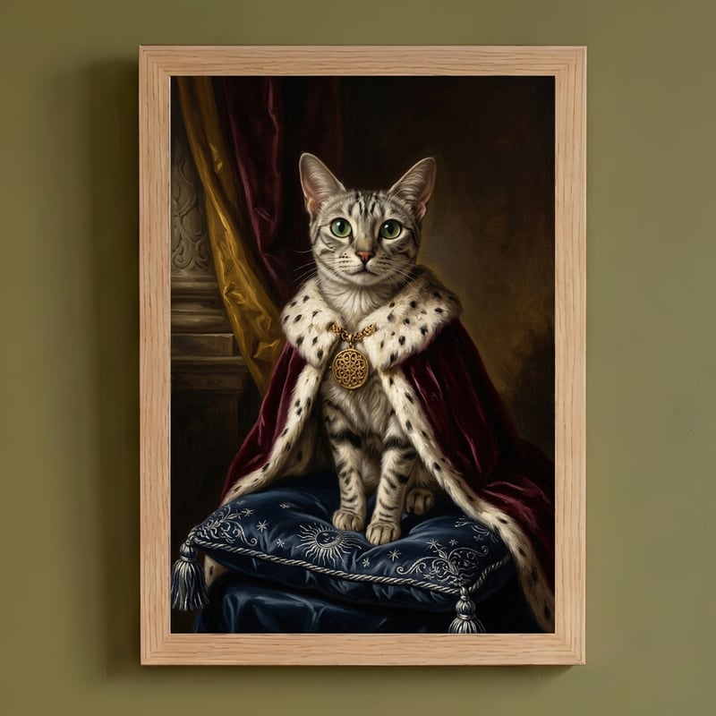 猫（エジプシャンマウ）のルネサンス風肖像画 油絵風アートA4額装