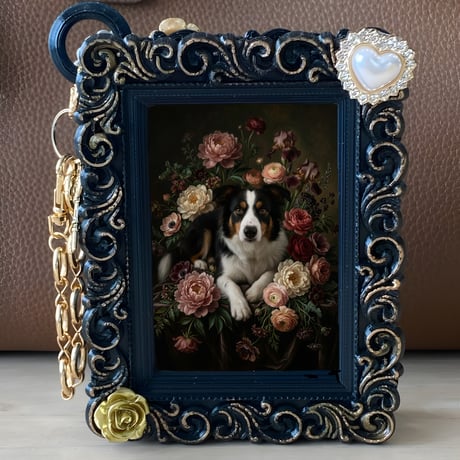 犬（ボーダーコリー）バッグチャーム 花の油絵風アート ブラック額縁
