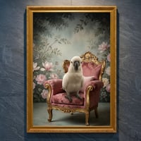 インコ（キバタン）のロココ調シャビーピンクアート A4金縁額装インテリア壁掛け