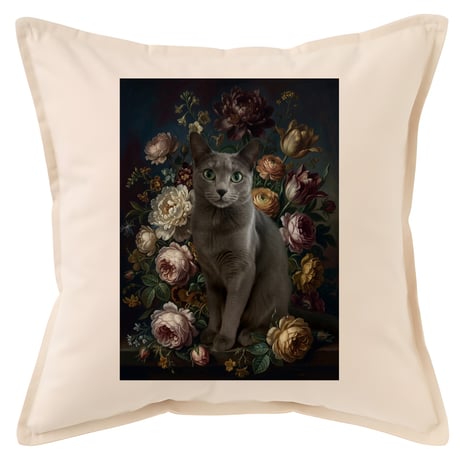 猫（ロシアンブルー）クッション 45cm 花の油絵風カラーアート