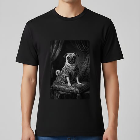 犬（パグ）半袖Tシャツ ルネサンス風モノクロアート ブラック 男女兼用