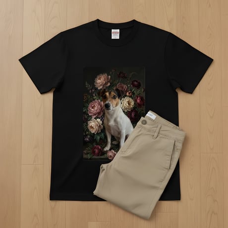 犬（ジャックラッセルテリア）半袖Tシャツ 花の油絵風アート ブラック 男女兼用