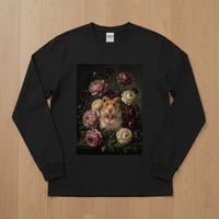ファンシーハムスター長袖Tシャツ 花の油絵風アート ブラック 男女兼用