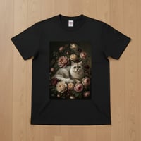 猫（チンチラペルシャ）半袖Tシャツ 花の油絵風アート ブラック 男女兼用
