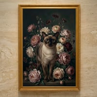 猫（バーミーズ）の花に囲まれた油絵風アート A3額装インテリア壁掛け