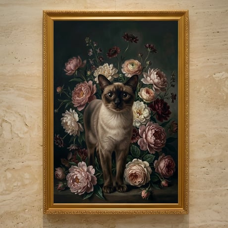 猫（バーミーズ）の花に囲まれた油絵風アート A3額装インテリア壁掛け