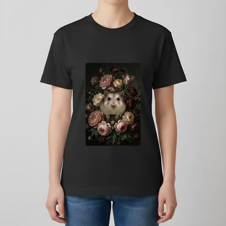 ウィンターホワイトハムスター半袖Tシャツ 花の油絵風アート ブラック 男女兼用