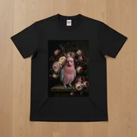 インコ（モモイロインコ）半袖Tシャツ 花の油絵風アート ブラック 男女兼用