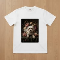 犬（マルチーズ）半袖Tシャツ 花の油絵風アート ホワイト 男女兼用