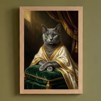 猫（ロシアンブルー）のルネサンス風肖像画 油絵風アートA4額装インテリア壁掛け