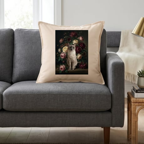 猫（バーミーズ）クッション 45cm 花の油絵風カラーアート