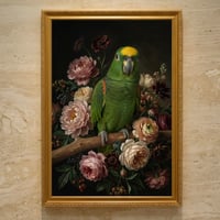 インコ（キエリボウシインコ）の花に囲まれた油絵風アート A3額装インテリア壁掛け