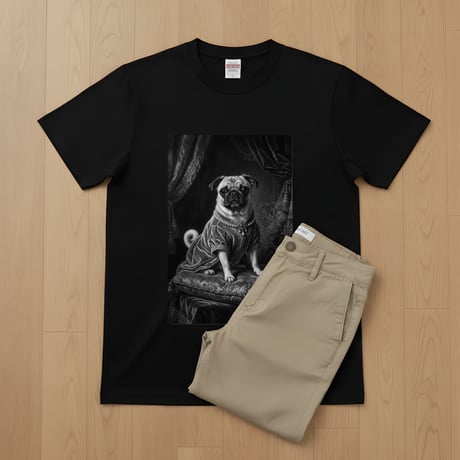 犬（パグ）半袖Tシャツ ルネサンス風モノクロアート ブラック 男女兼用