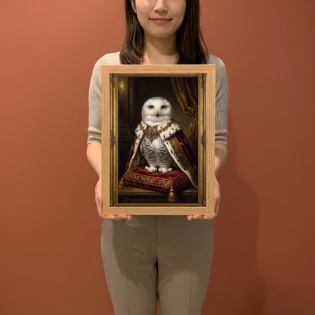 シロフクロウのルネサンス風肖像画 油絵風アートA4額装インテリア壁掛け