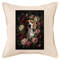 犬（ビーグル）クッション 45cm 花の油絵風カラーアート