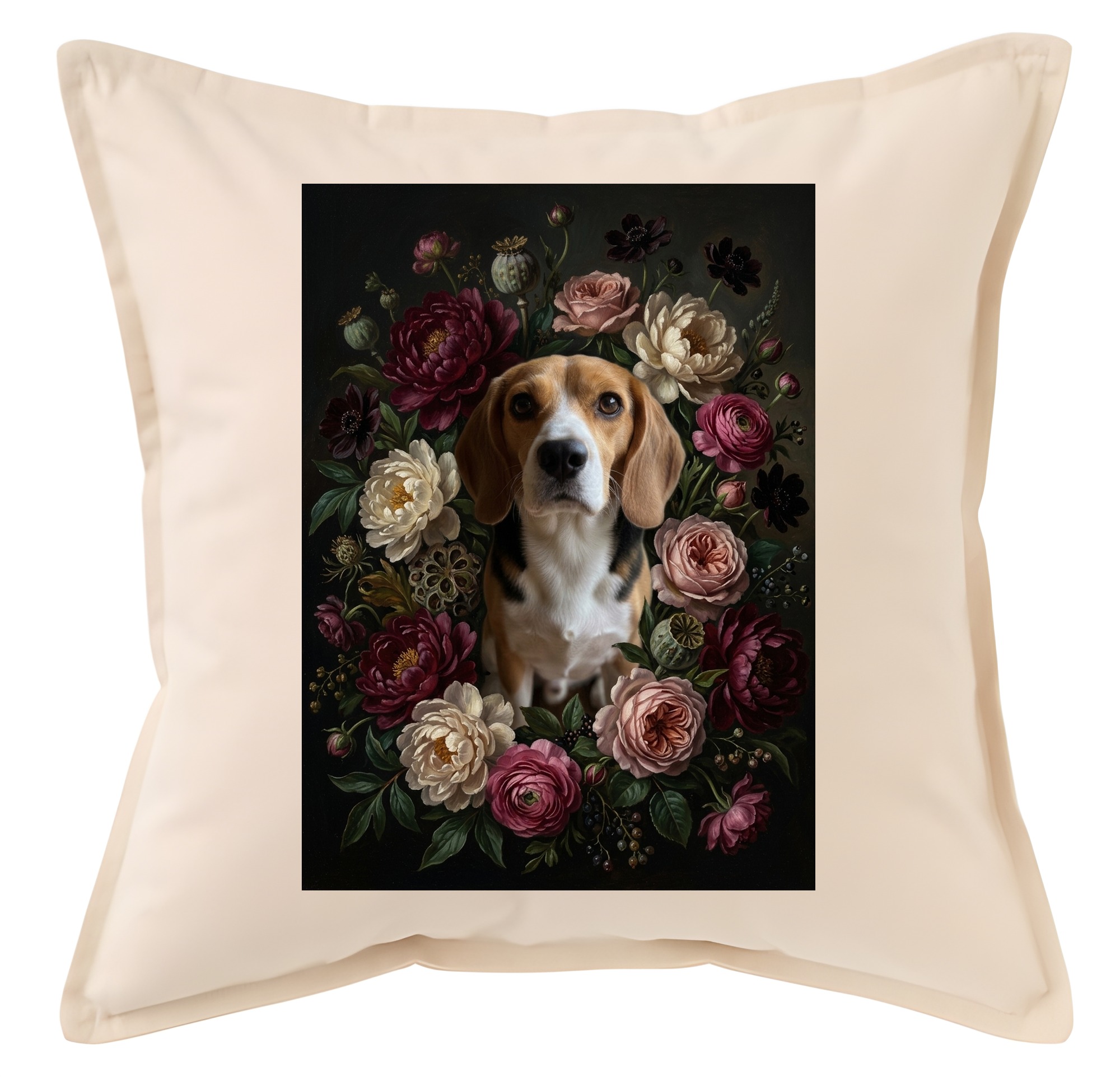 犬（ビーグル）クッション 45cm 花の油絵風カラーアート | うちの子