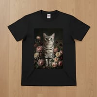 猫（アメリカンショートヘア）半袖Tシャツ 花の油絵風アート ブラック 男女兼用